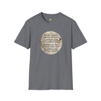 Halloween Poem T-Shirt — "Witches whisper through the night" Moon Graphic