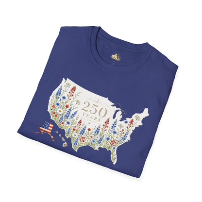 Unisex 250 Years USA Floral Map T-Shirt — Patriotic Anniversary Graphic Tee (Light weight Ulta Soft T-Shirt)