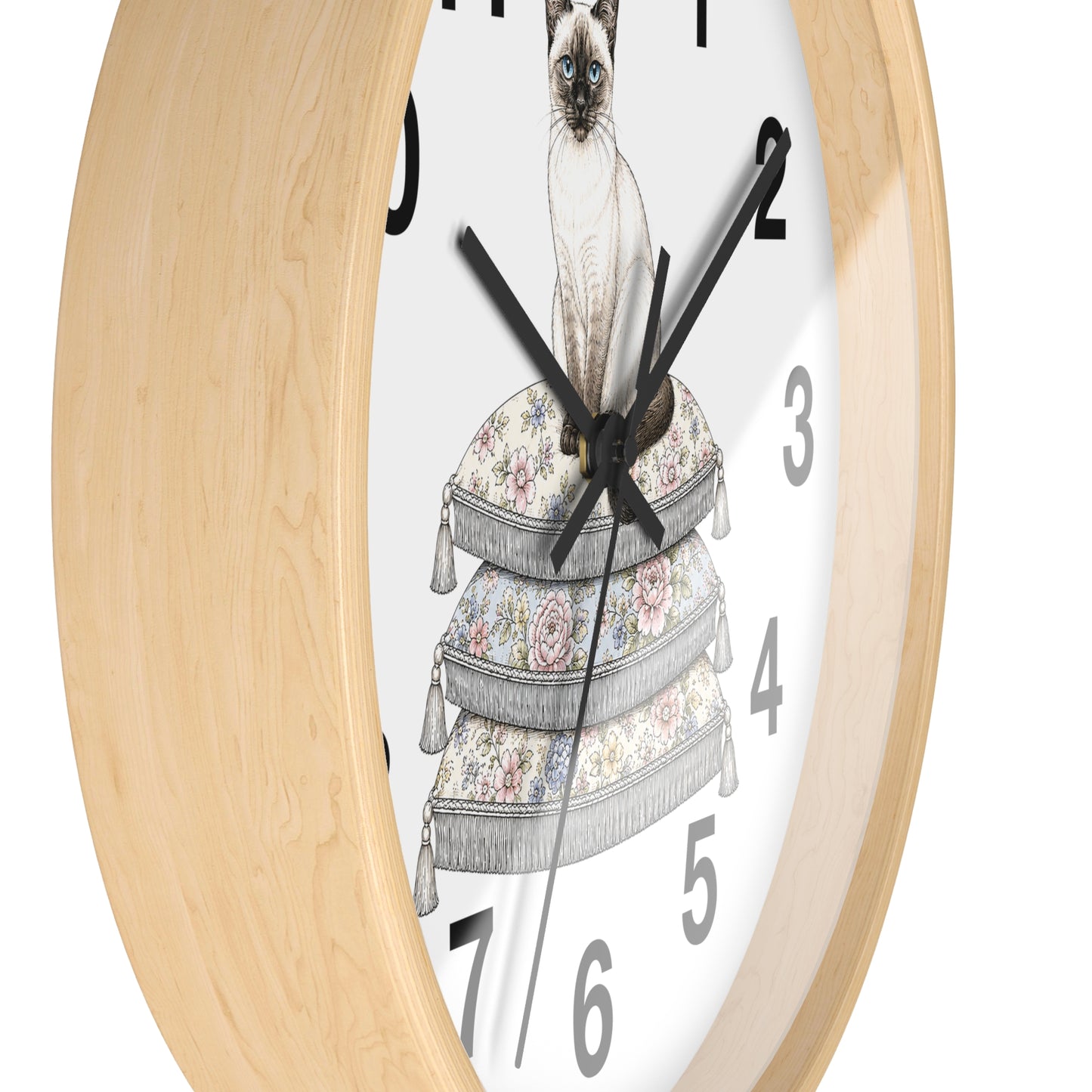 Siamese Cat on Stacked Cushions Wall Clock | Floral Pillow Illustration
