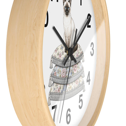 Siamese Cat on Stacked Cushions Wall Clock | Floral Pillow Illustration