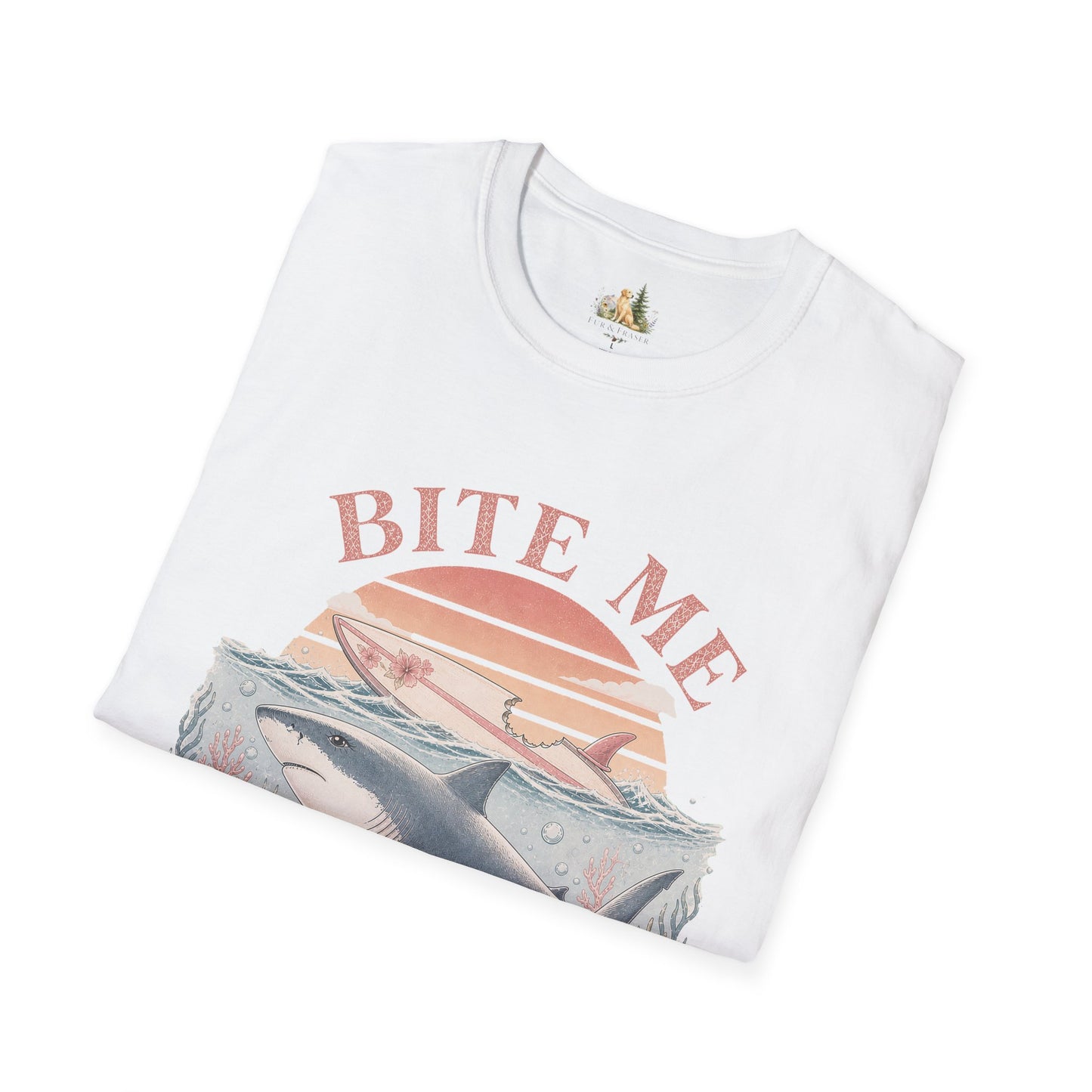 Bite Me Shark T-Shirt — Retro Ocean Sunset Graphic Tee (Light Weight, Ultra Soft)