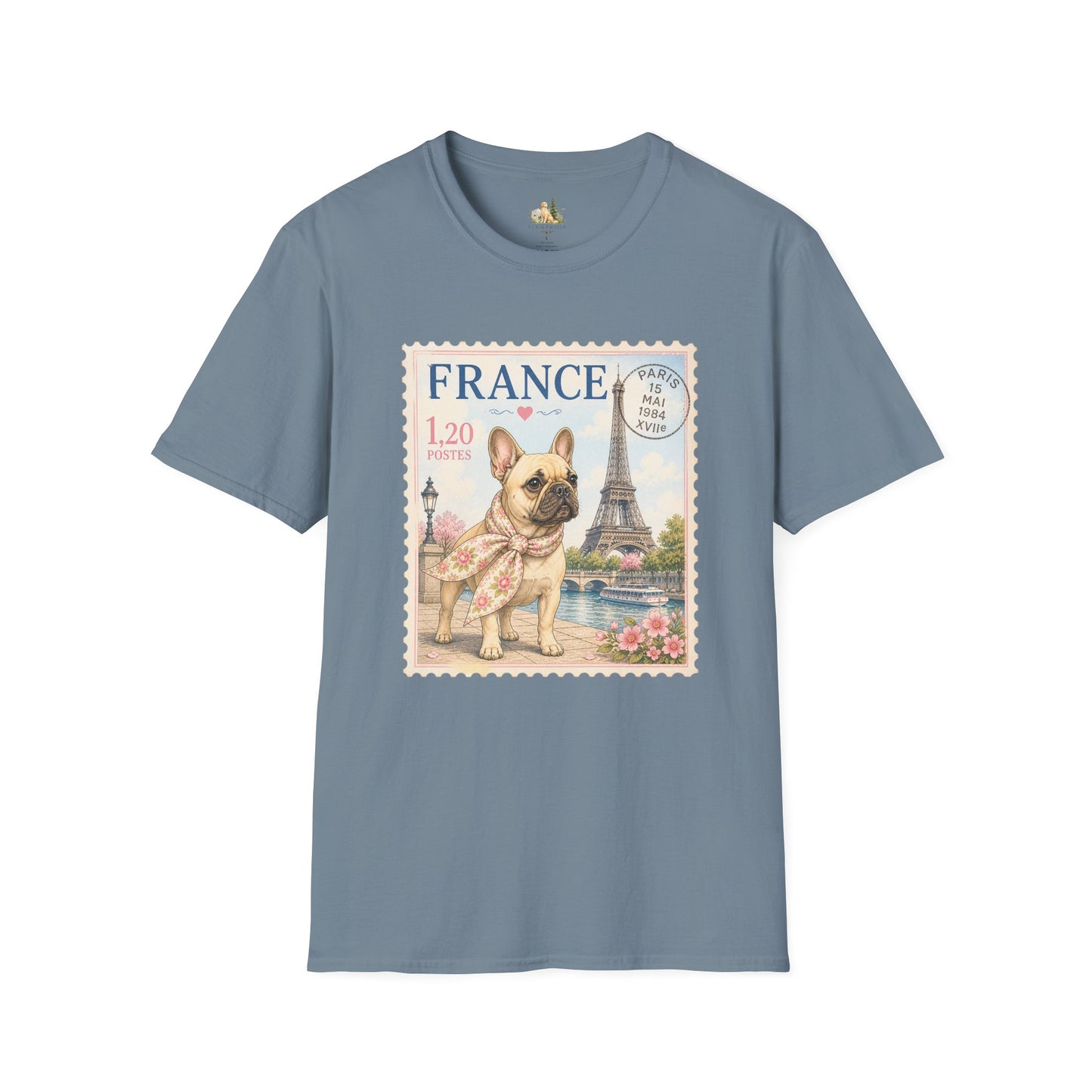 French Bulldog Postage Stamp T-Shirt | Eiffel Tower Paris Design (Light Weight, Ultra Soft Tee)