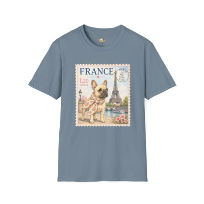 French Bulldog Postage Stamp T-Shirt | Eiffel Tower Paris Design (Light Weight, Ultra Soft Tee)