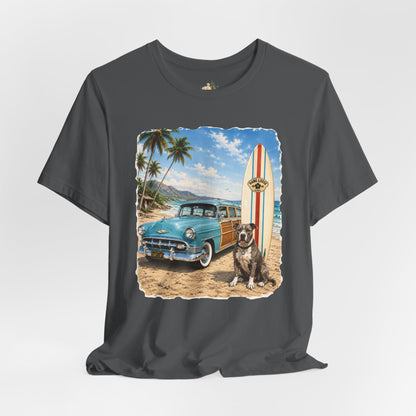 Men's Retro Beach Surf T-Shirt – Vintage Car, Surfboard & Palm Tree Graphic