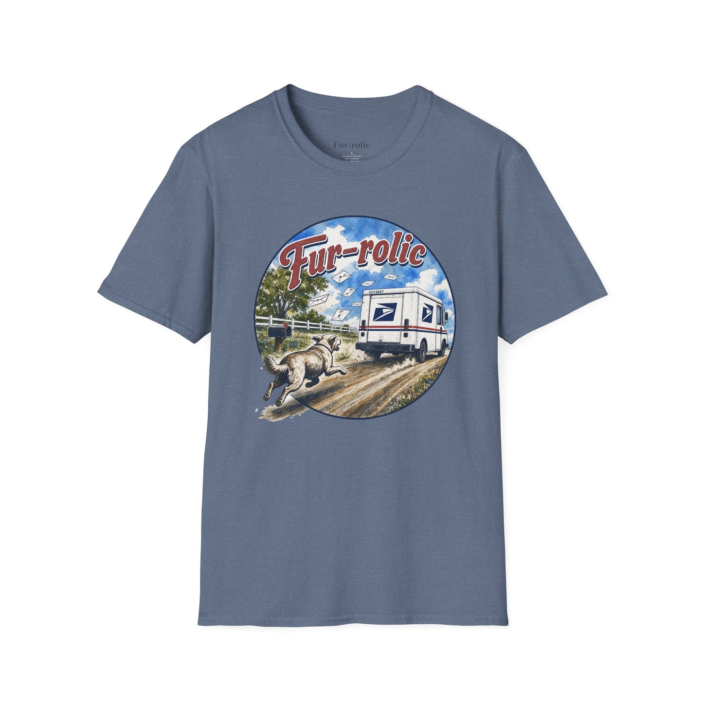 Fur-rolic T-Shirt — Postal Mail Truck & Playful Dogs Retro Graphic Tee (Light Weight Ultra Soft Tee)