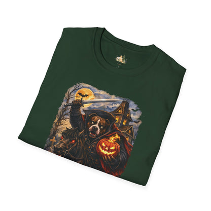 Unisex Halloween Pit Bull Headless Horseman Tee – What Tails Lurk Behind The Pines Collection