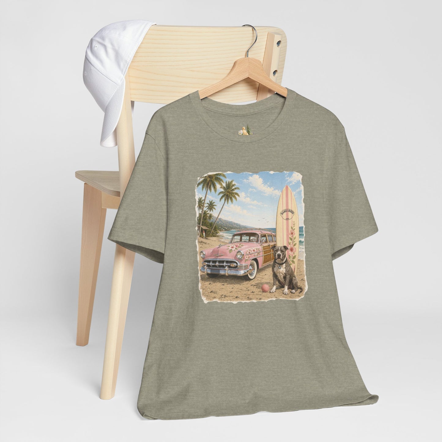 Vintage Beach Surf T‑Shirt — Retro Car, Surfboard & Dog Graphic