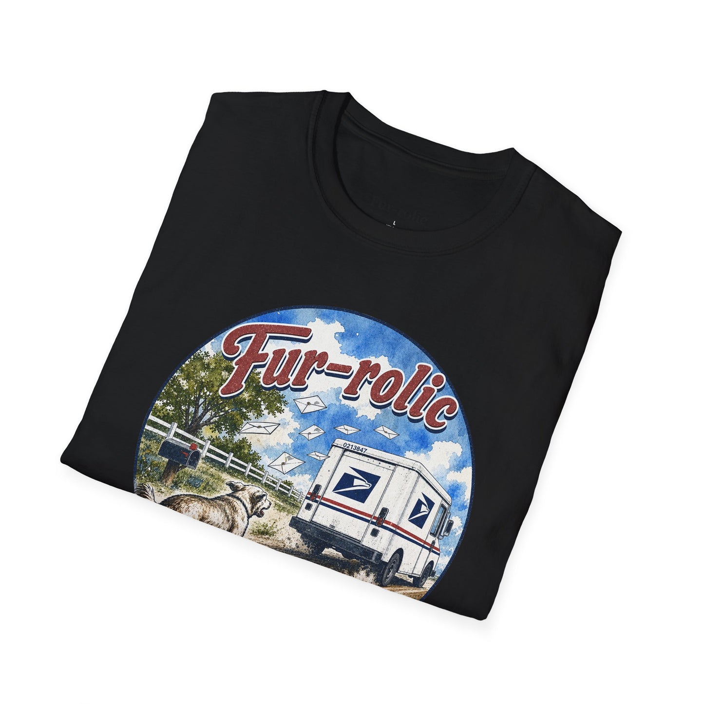 Fur-rolic T-Shirt — Postal Mail Truck & Playful Dogs Retro Graphic Tee (Light Weight Ultra Soft Tee)