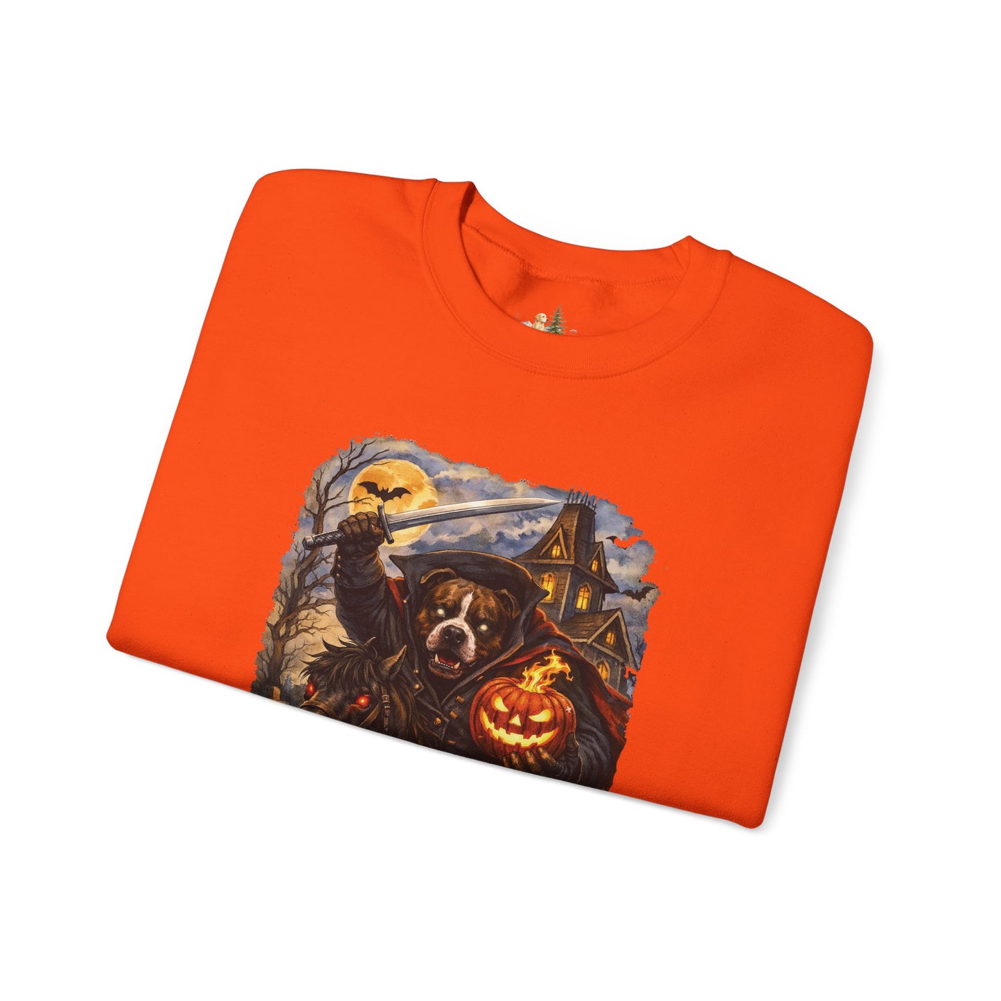 Unisex Halloween Pit Bull Headless Horseman Crewneck Sweatshirt ~ What Tails Lurk Behind The Pines