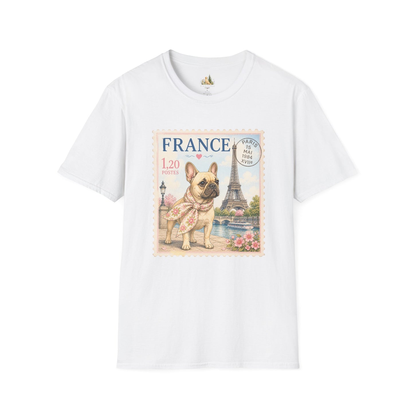 French Bulldog Postage Stamp T-Shirt | Eiffel Tower Paris Design (Light Weight, Ultra Soft Tee)