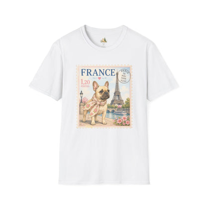 French Bulldog Postage Stamp T-Shirt | Eiffel Tower Paris Design (Light Weight, Ultra Soft Tee)
