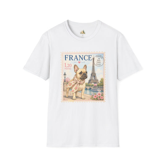 French Bulldog Postage Stamp T-Shirt | Eiffel Tower Paris Design (Light Weight, Ultra Soft Tee)