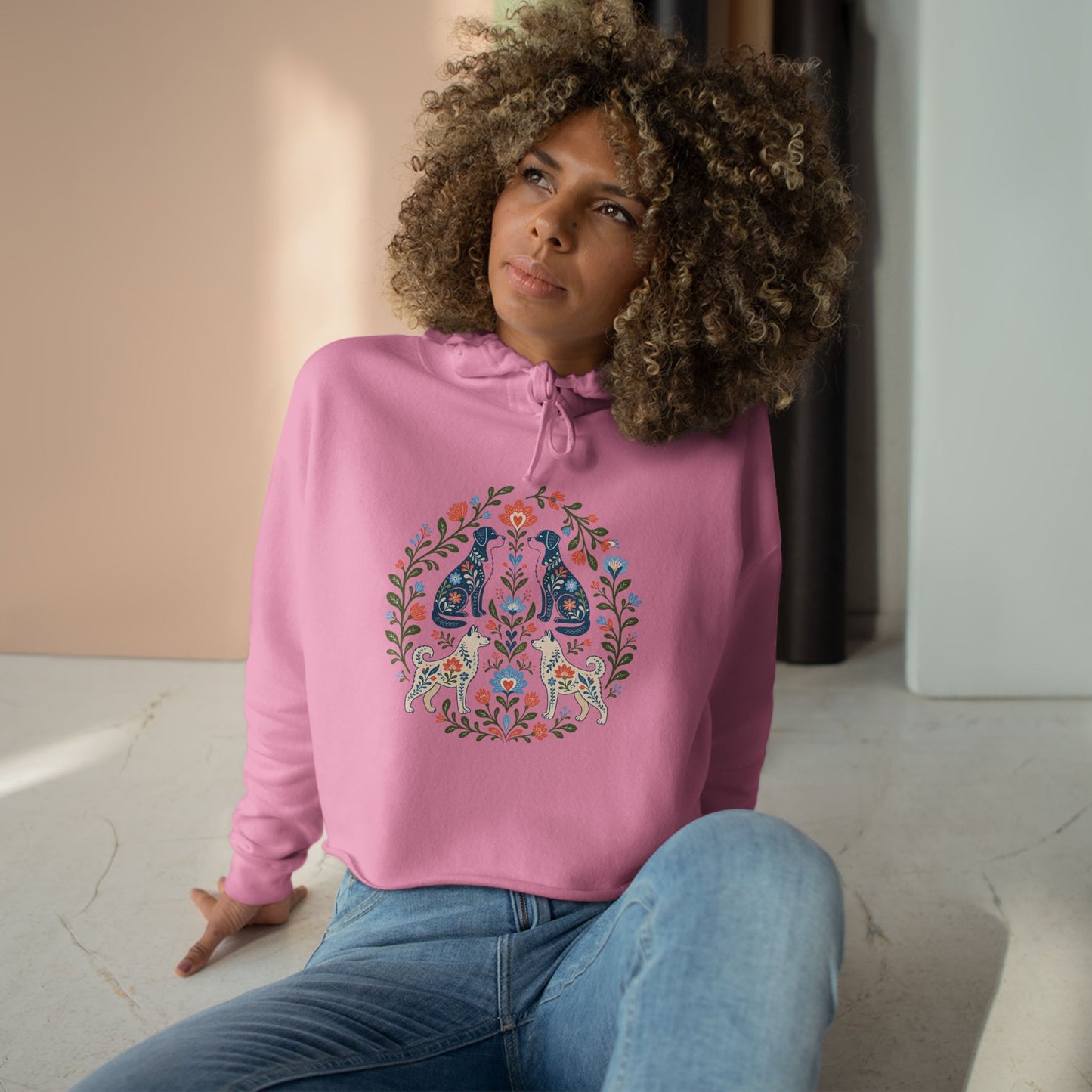 Floral Folk Art Crop Hoodie — Symmetrical Rabbit & Floral Circle Design