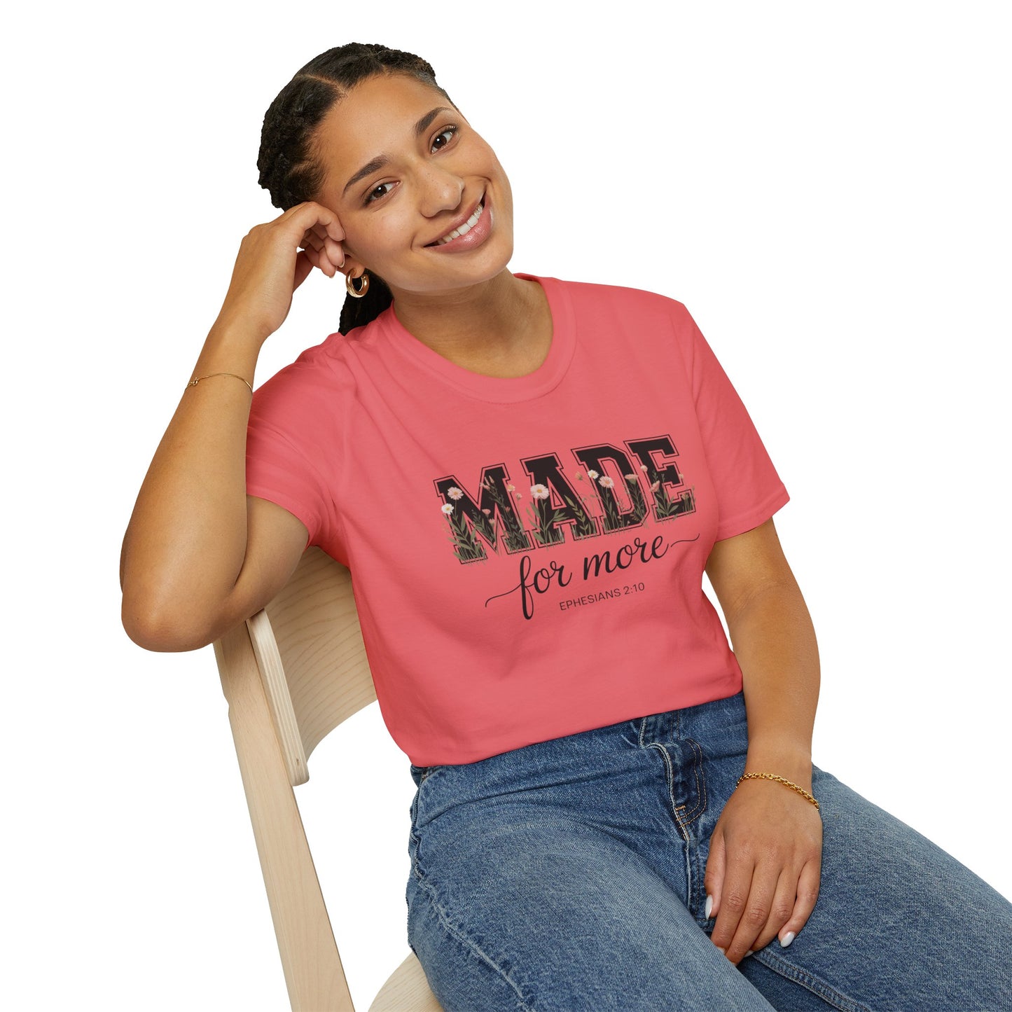 Made For More T-Shirt – Floral Script Christian Faith Tee (Ephesians 2:10) Light Weight, Ultra Soft Tee