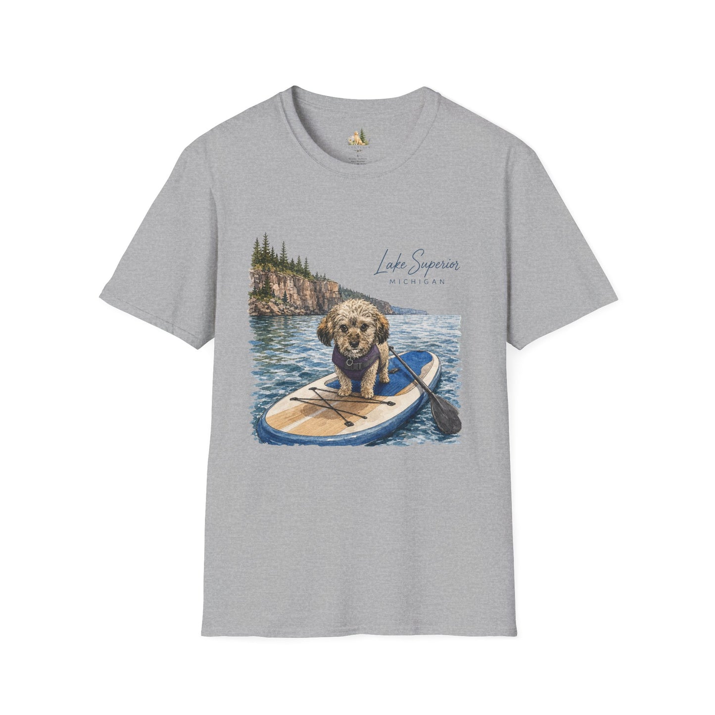 T-Shirt — Lake Superior Michigan Dog Paddleboard Graphic (Light Weight, Ultra Soft Tee)