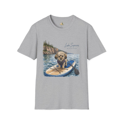 T-Shirt — Lake Superior Michigan Dog Paddleboard Graphic (Light Weight, Ultra Soft Tee)