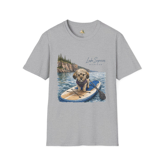 T-Shirt — Lake Superior Michigan Dog Paddleboard Graphic (Light Weight, Ultra Soft Tee)