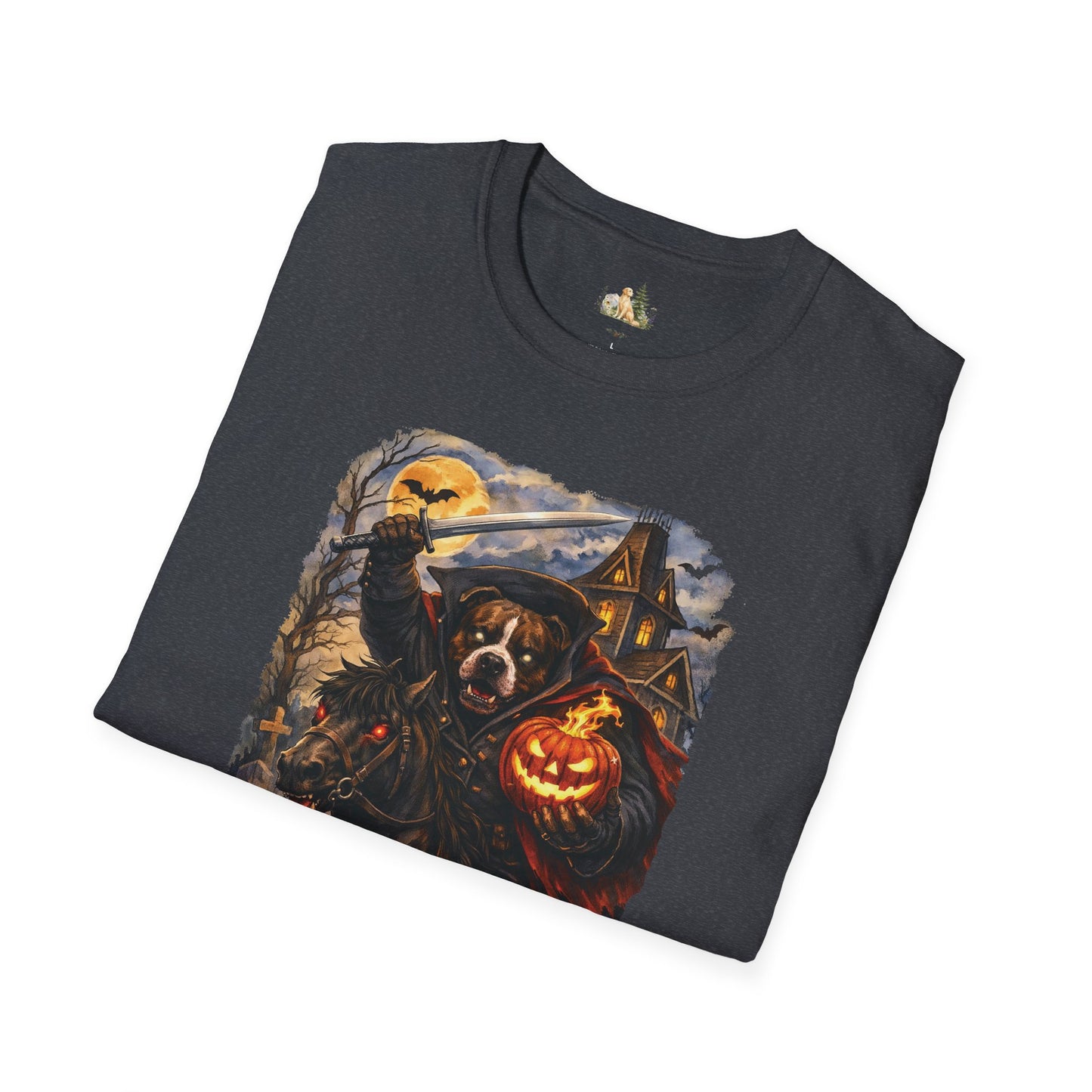 Unisex Halloween Pit Bull Headless Horseman Tee – What Tails Lurk Behind The Pines Collection
