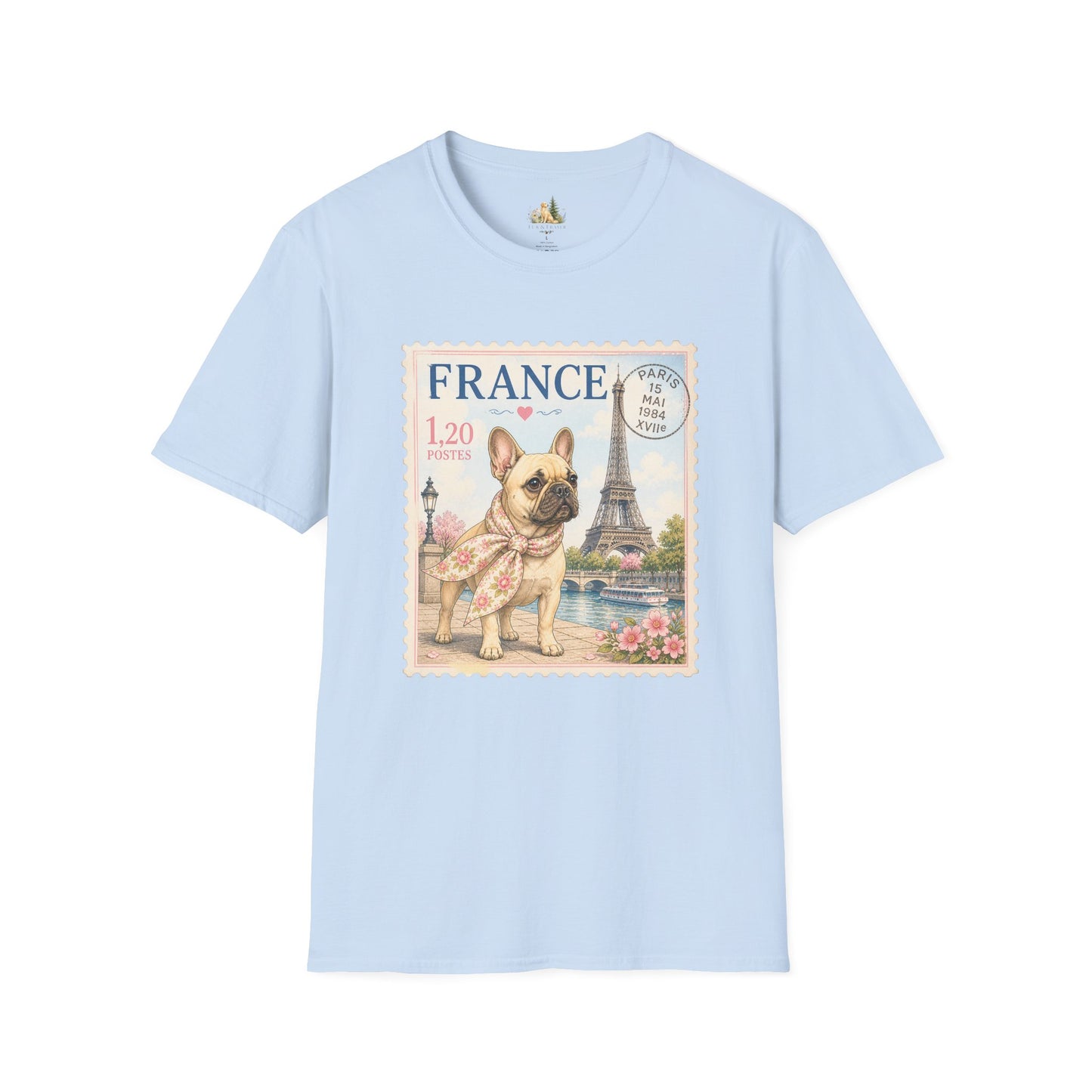 French Bulldog Postage Stamp T-Shirt | Eiffel Tower Paris Design (Light Weight, Ultra Soft Tee)