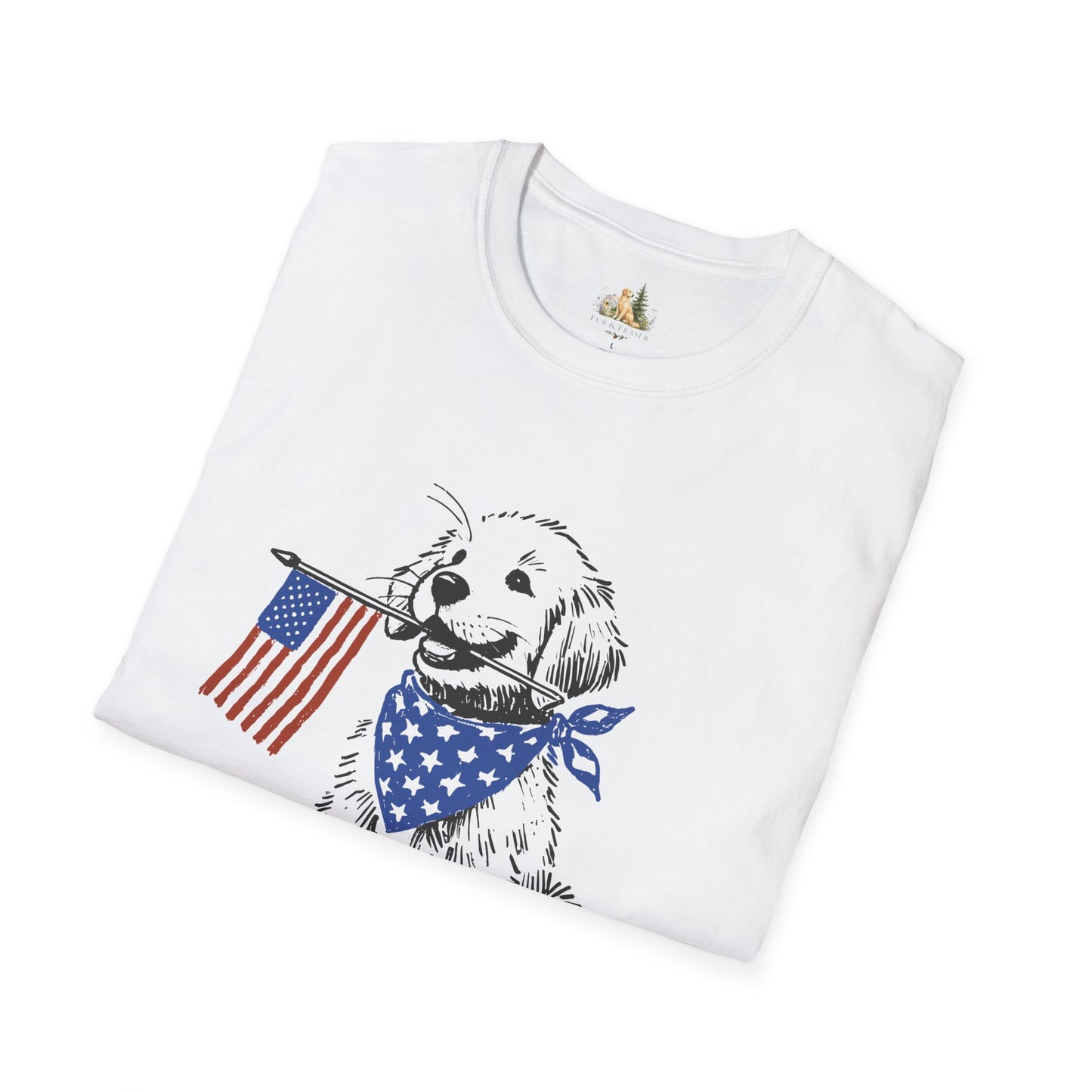 Unisex Patriotic Puppy T-Shirt — Golden Retriever with American Flag Bandana (Light Weight, Ultra Soft Tee)