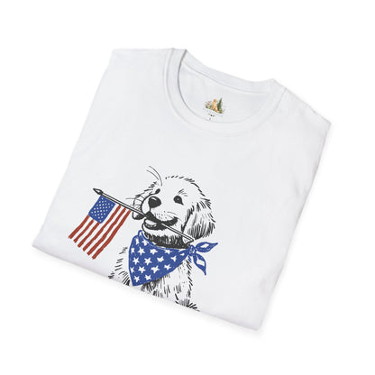 Unisex Patriotic Puppy T-Shirt — Golden Retriever with American Flag Bandana (Light Weight, Ultra Soft Tee)