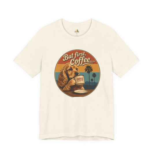Men's But First Coffee Dog Tee — Retro Palm Tree Coffee Lover T-Shirt