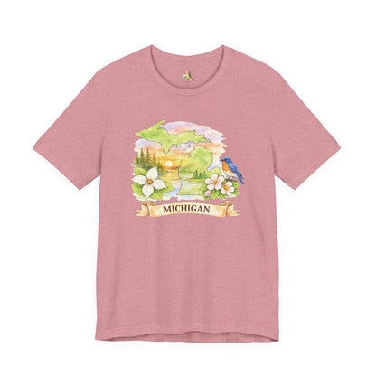 Michigan Scenic T-Shirt — State Flower & Bluebird Watercolor Design