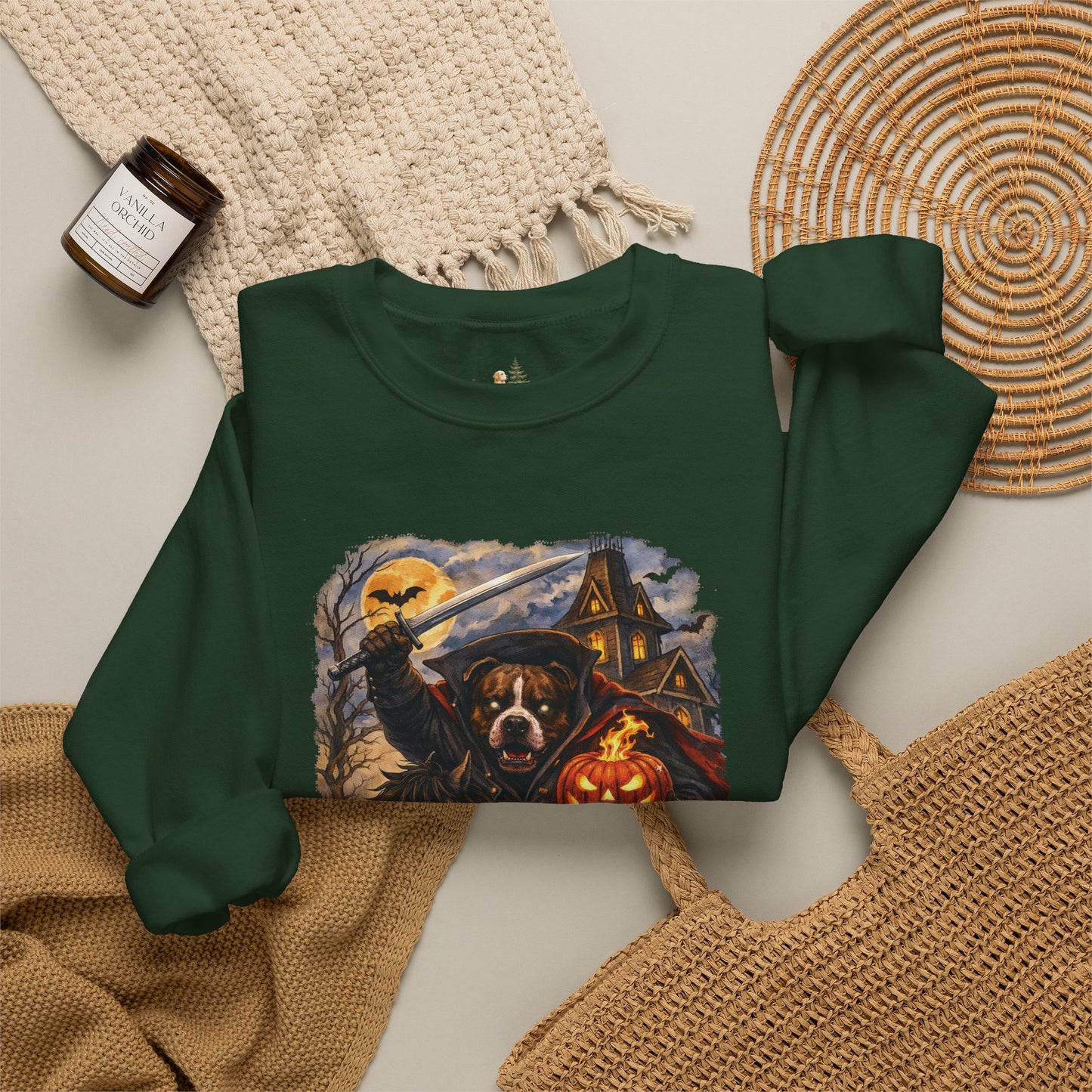 Unisex Halloween Pit Bull Headless Horseman Crewneck Sweatshirt ~ What Tails Lurk Behind The Pines