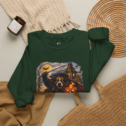 Unisex Halloween Pit Bull Headless Horseman Crewneck Sweatshirt ~ What Tails Lurk Behind The Pines