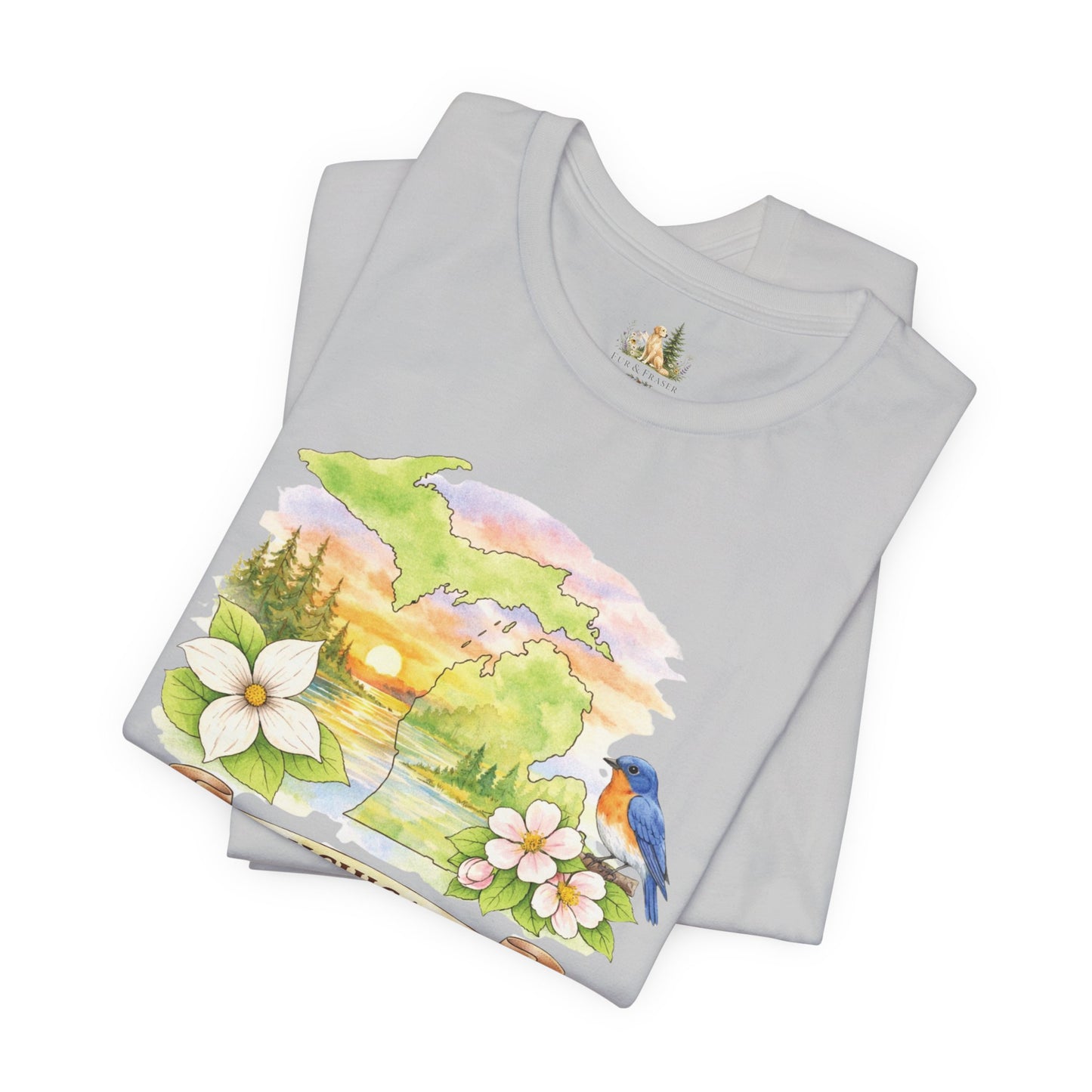 Michigan Scenic T-Shirt — State Flower & Bluebird Watercolor Design