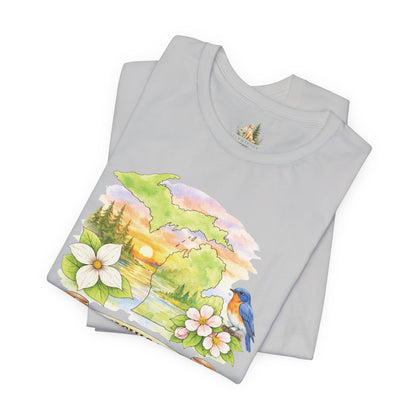 Michigan Scenic T-Shirt — State Flower & Bluebird Watercolor Design