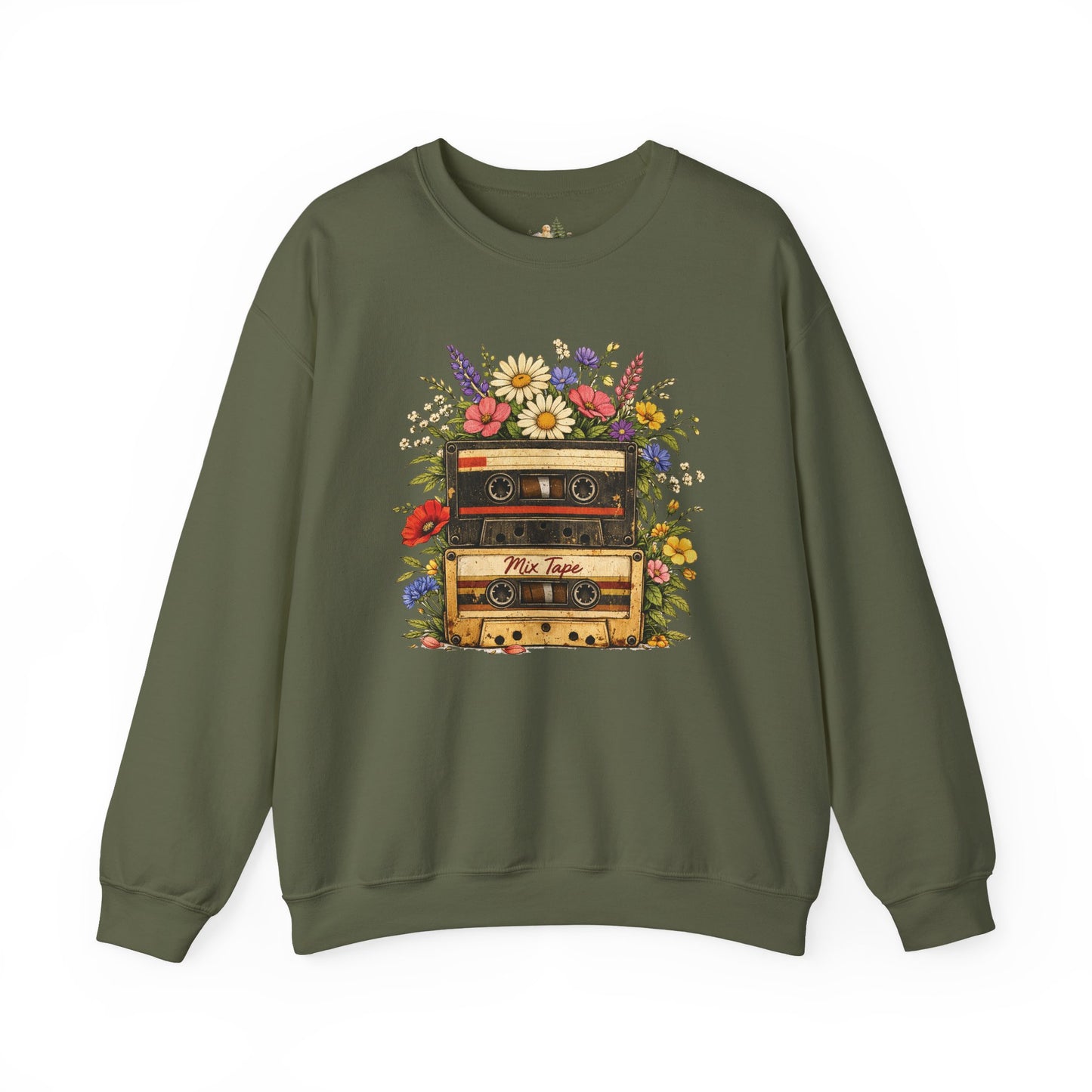 Retro Cassette Floral Sweatshirt — Vintage Tape Player Crewneck