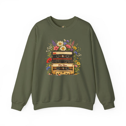 Retro Cassette Floral Sweatshirt — Vintage Tape Player Crewneck