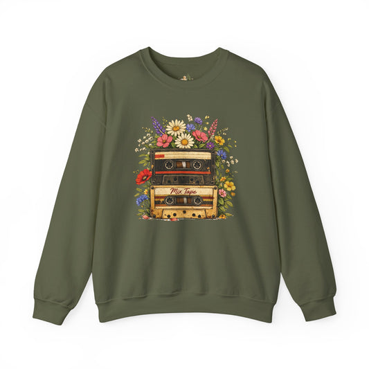 Retro Cassette Floral Sweatshirt — Vintage Tape Player Crewneck