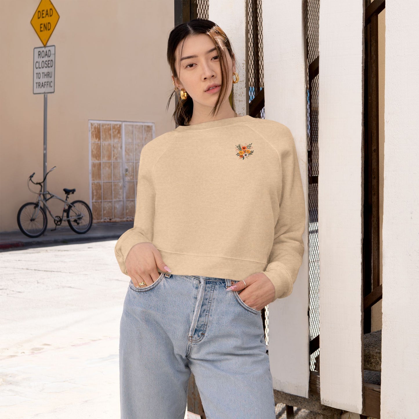 Cropped Pullover — Tiny Fiery Flowers Embroidered Fleece
