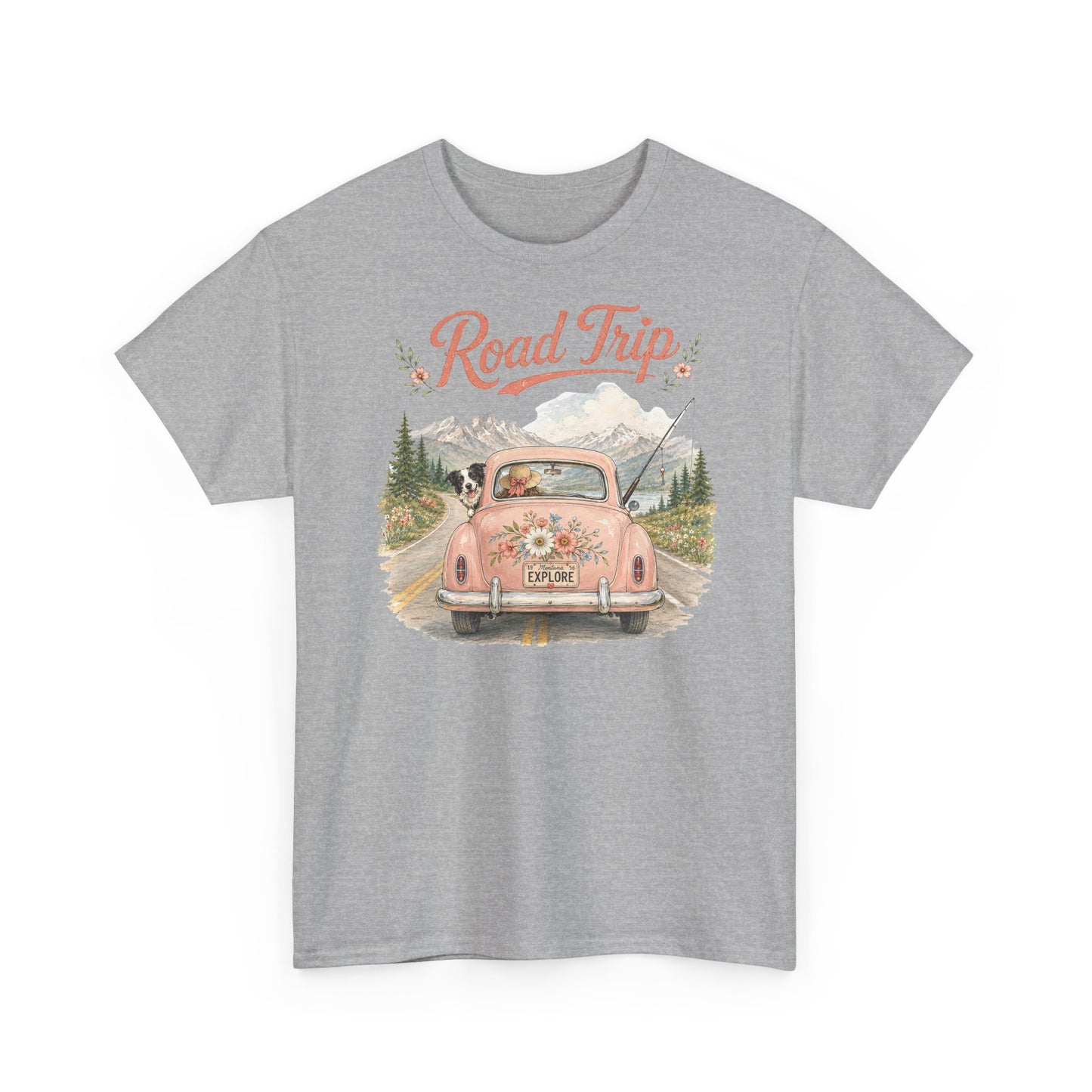 Road Trip Vintage Car T-Shirt — Retro Floral Scenic Drive Tee ( Heavy Weight Tee)