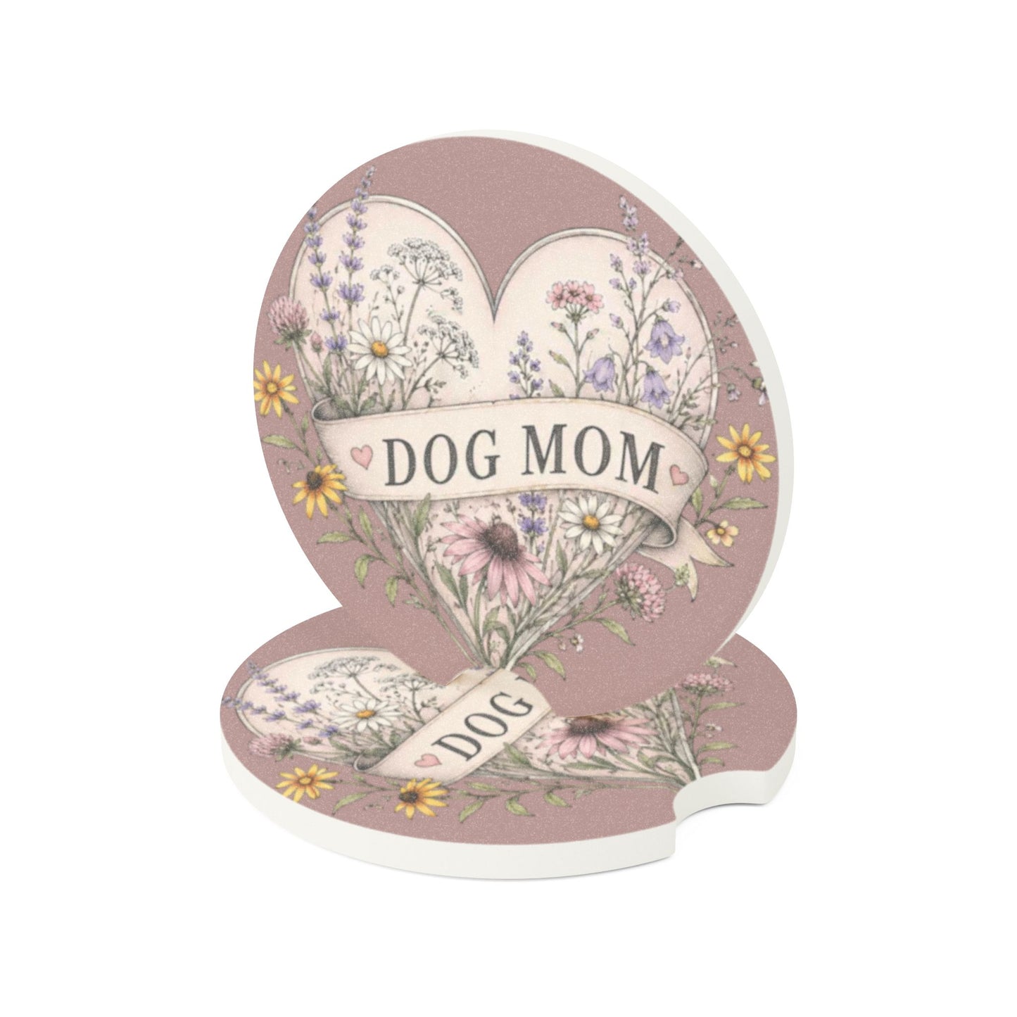 Dog Mom Soapstone Car Coaster — Floral Heart Automotive Drink Holder