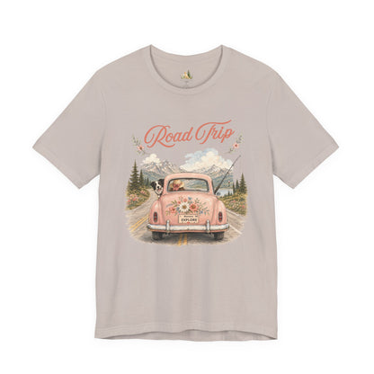 Road Trip Vintage Car T-Shirt — Retro Floral Scenic Drive Tee