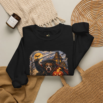 Unisex Halloween Pit Bull Headless Horseman Crewneck Sweatshirt ~ What Tails Lurk Behind The Pines