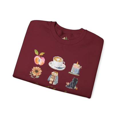 Fall Icons Crewneck Sweatshirt — Cozy Autumn Peach, Coffee, Candle & Cat Design