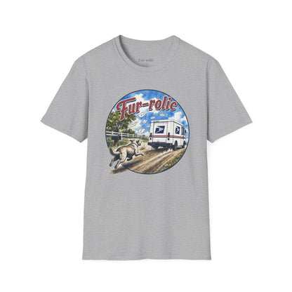 Fur-rolic T-Shirt — Postal Mail Truck & Playful Dogs Retro Graphic Tee (Light Weight Ultra Soft Tee)