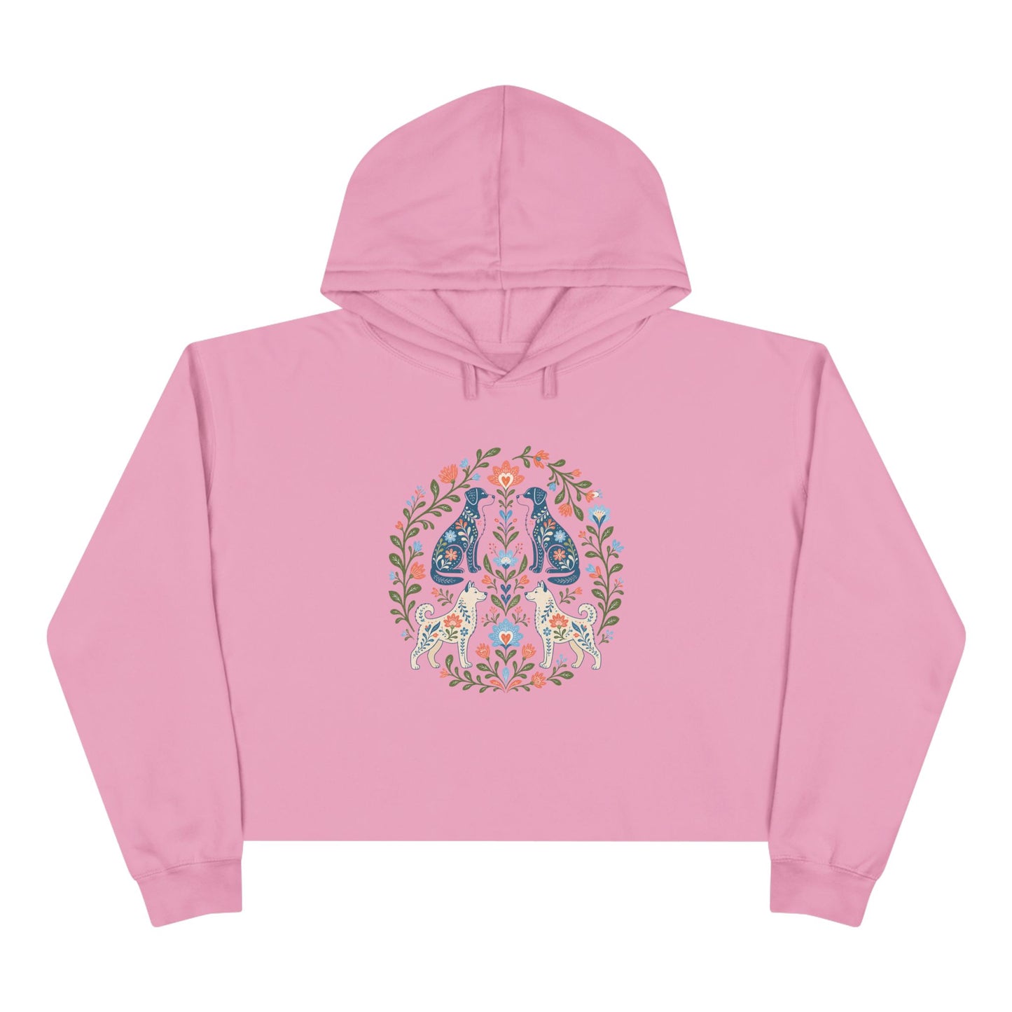 Floral Folk Art Crop Hoodie — Symmetrical Rabbit & Floral Circle Design