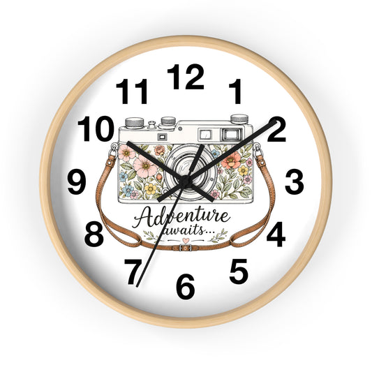 Floral Vintage Camera Wall Clock | Adventure Awaits, Floral Camera Clock