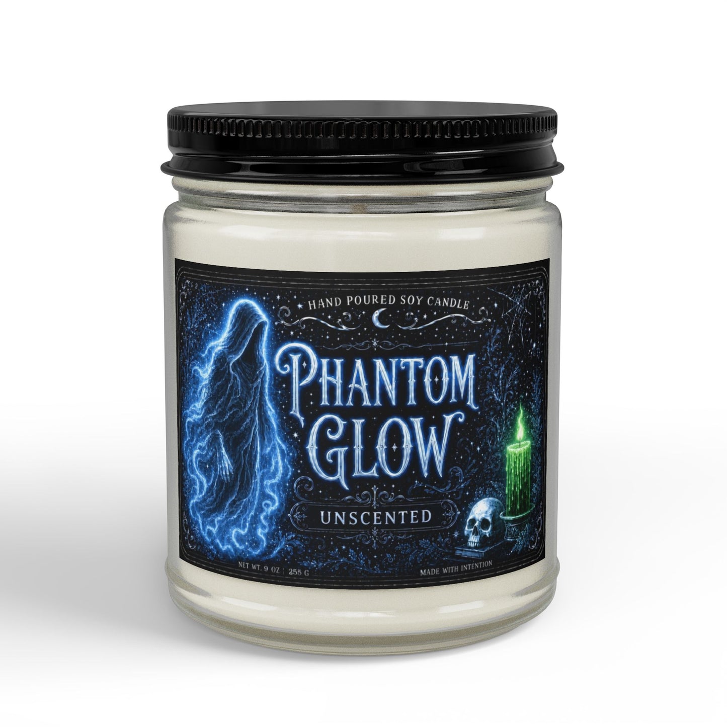 Phantom Glow Soy Candle — Unscented Amber Jar with Black Lid (4oz & 9oz)