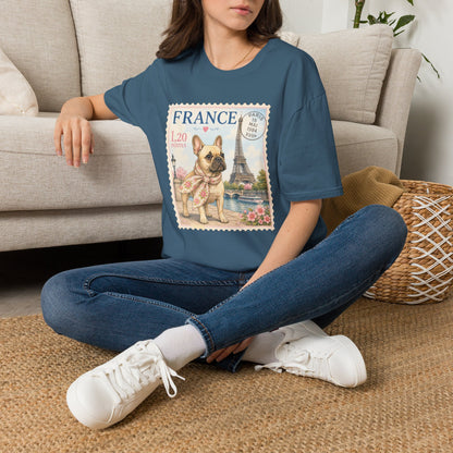 French Bulldog Postage Stamp T-Shirt | Eiffel Tower Paris Design (Light Weight, Ultra Soft Tee)