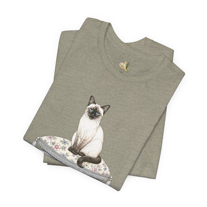 Siamese Cat on Floral Pillows T-Shirt | Vintage Pet Illustration