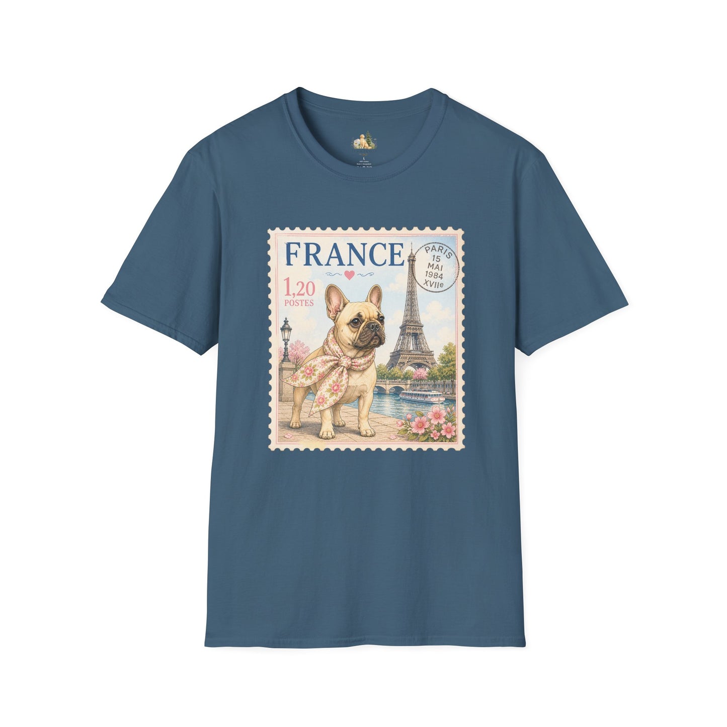 French Bulldog Postage Stamp T-Shirt | Eiffel Tower Paris Design (Light Weight, Ultra Soft Tee)