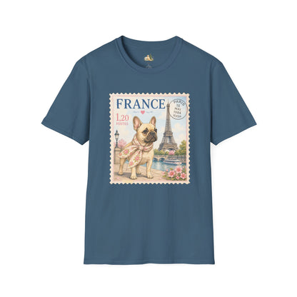 French Bulldog Postage Stamp T-Shirt | Eiffel Tower Paris Design (Light Weight, Ultra Soft Tee)