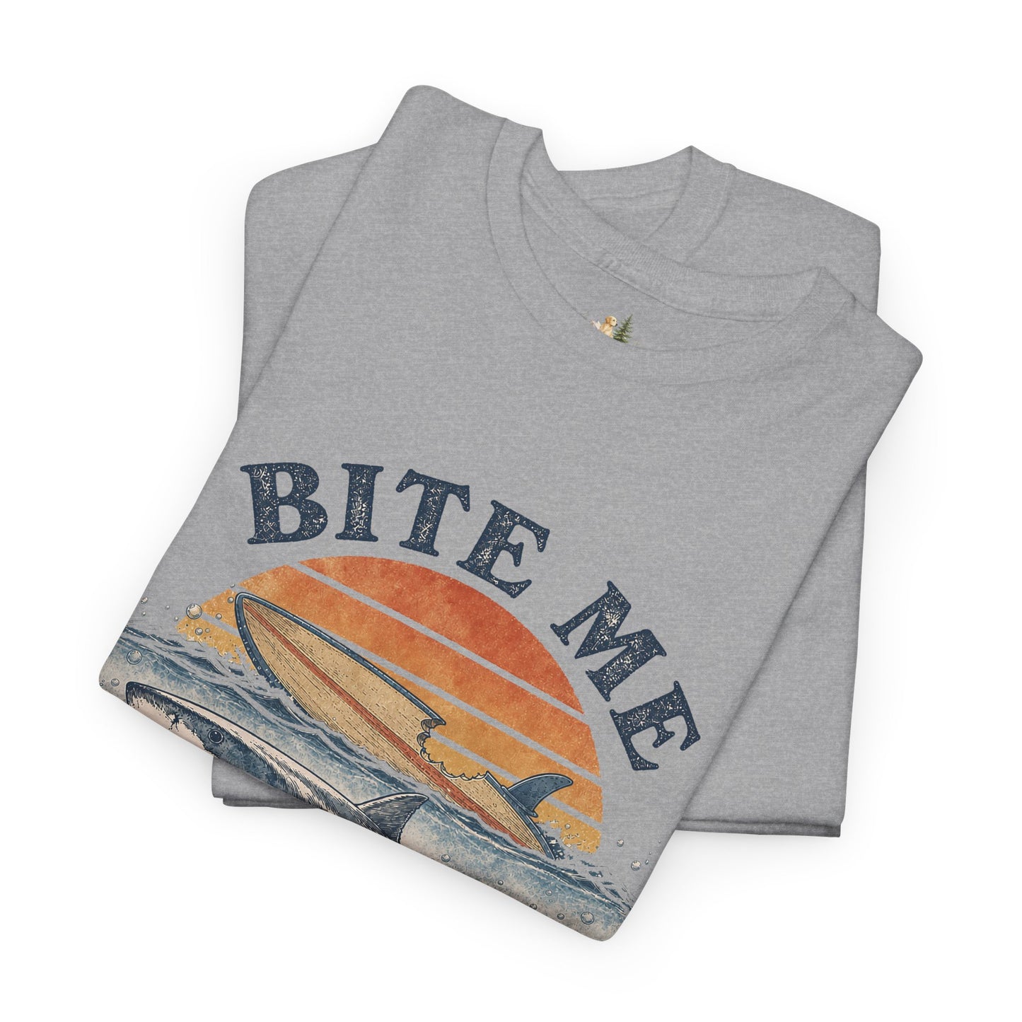 Shark 'Bite Me' Graphic Tee — Vintage Ocean Sunset Fishing Shirt (Heavy Weight Tee)