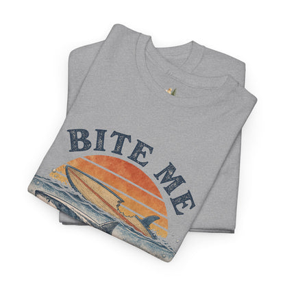 Shark 'Bite Me' Graphic Tee — Vintage Ocean Sunset Fishing Shirt (Heavy Weight Tee)